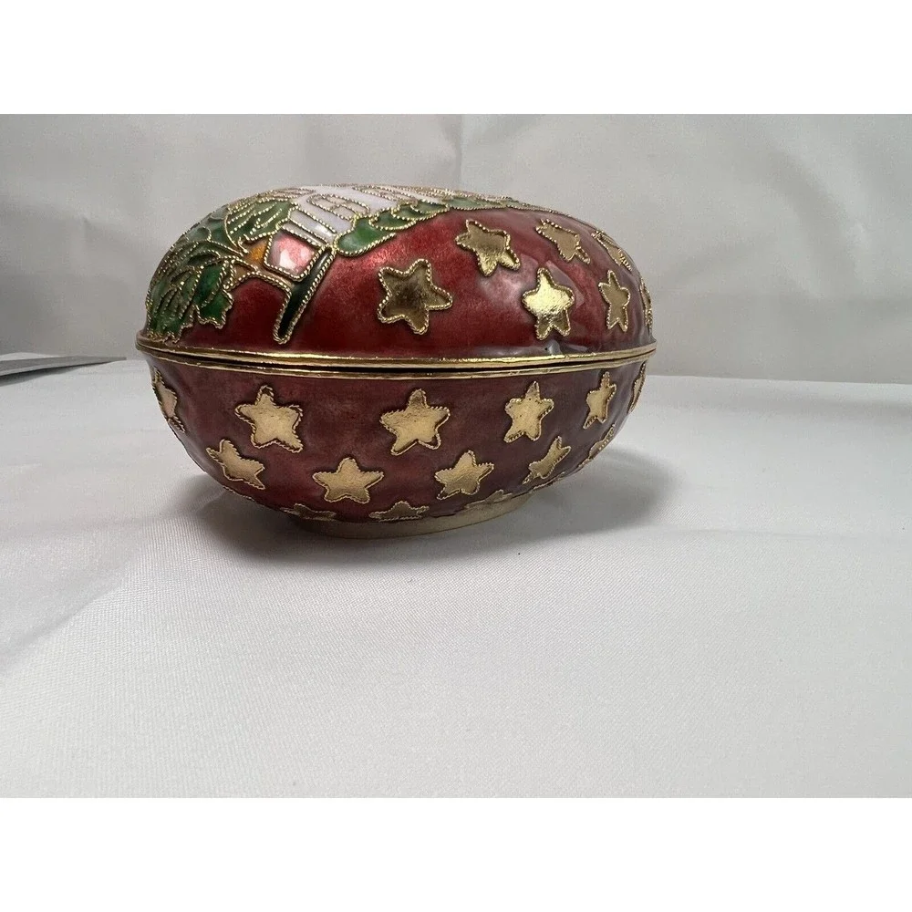 Enamel White House & American Star Flag Egg Shaped Trinket‎ Box Jewelry Dish
